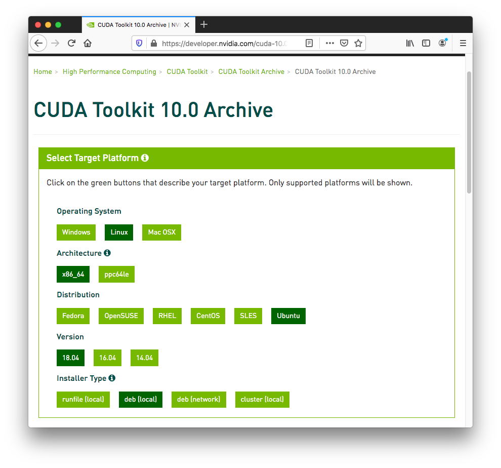 CUDA downloads settings